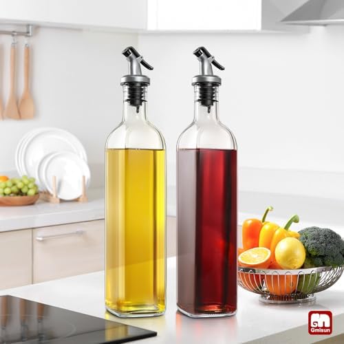 gmisun Olive Oil Dispenser Bottle for Kitchen, 1 Pack 17 Fl Oz Glass Oil Dispensers Bottles, Clear Cooking Vegetable Oil Dispenser Container Cruet Set with Plastic Pourer Spout