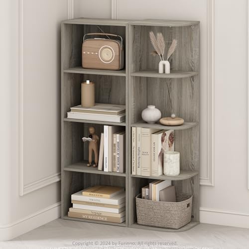 Furinno Reed Corner Shelf, 4-Tier Corner Bookshelf, Book Shelf, Corner Shelves, Storage Rack, for Organization and Storage, Home Office, Living Room, French Oak