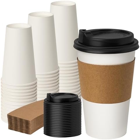 METAPRINT 50 Pack 16 oz Disposable Coffee Cups with Lids and Sleeves,White