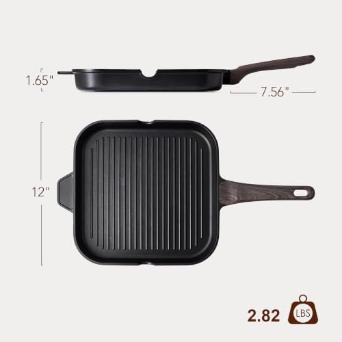 SENSARTE Nonstick Grill Pan for Stove Tops, Versatile Griddle with Pour Spouts, Square Big Cooking Surface, Durable Skillet Indoor & Outdoor Grilling. PFOA Free,12Inch
