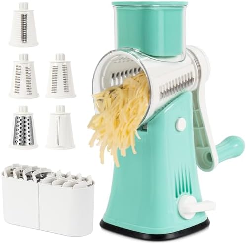 X Home 5‑in‑1 Rotary Cheese Grater for Kitchen, Blue | Upgraded Hand Crank; Stronger Suction Base, Multifunctional Drum Blades; for Cheese, Vegetables, Nuts; Easy to Use and Clean
