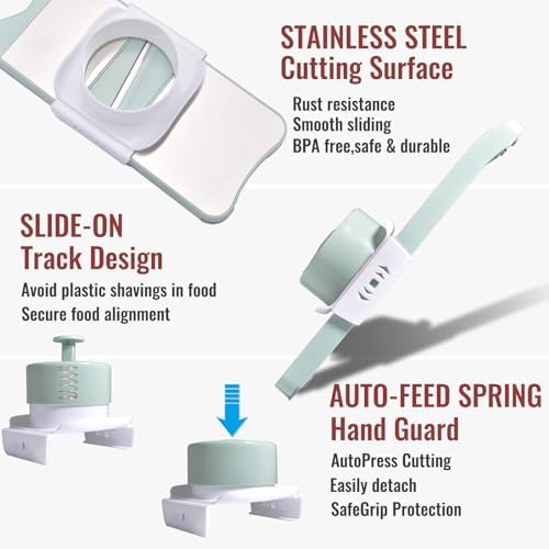 NACOLUS 5 In 1 Mandoline Slicer with Slide-On Hand Guard - Vegetable Slicer, Carrot Shredder,Safe Potato/Garlic Slicer Vegetable Cutter, Waffle Fry Cutter (Green, 5-in-1)