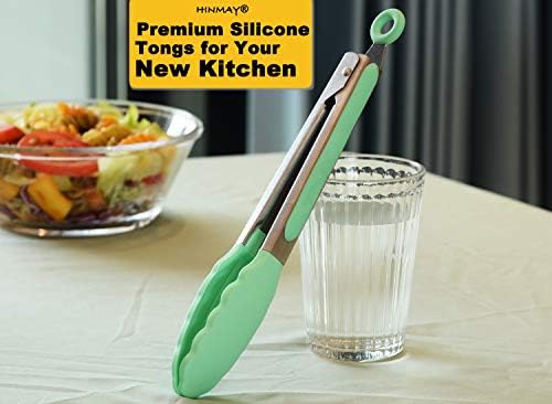 HINMAY 9-Inch Serving Tongs with Silicone Tips, Set of 3 (Mint Pink Yellow)