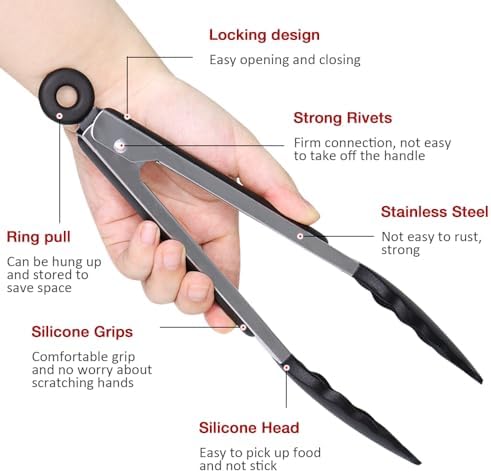 9 Inch Kitchen Tongs with Silicone Tips Set of 3(Black)