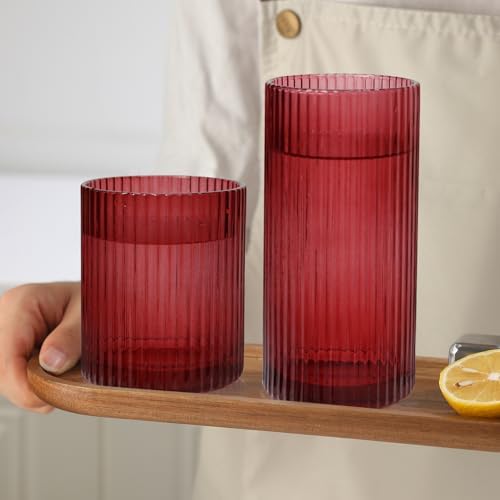 Ribbed Drinking Glasses 8pcs, 12oz and 10oz Glassware, Tumbler Glasses Cup Set for Wedding, Party, Christmas Gift, Red