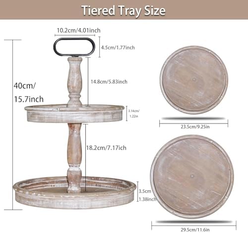 Krismax Decorative Trays - Two Tiered Tray Stand Rustic Decor Farmhouse 2 Tiered Tray Serving Tray Seasonal & Holiday Decoration Wooden Tray