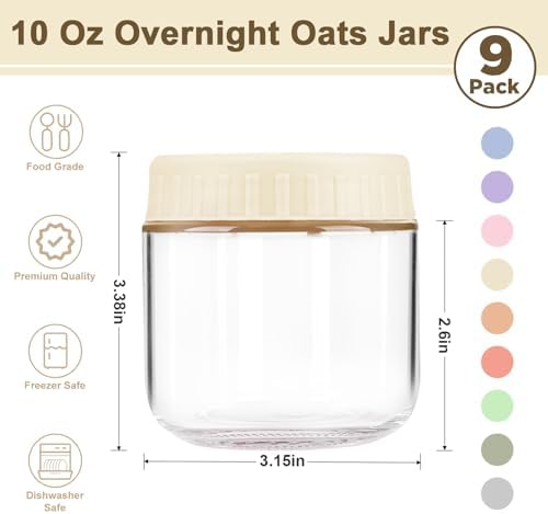 Overnight Oats Containers with Lids, 10oz Wide Mouth Mason Jars with Lids, 9 Pack Glass Jars with Airtight lid for Chia Pudding Yogurt Salad, Meal Prer Oatmeal Jars, Yellow