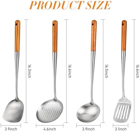 FJNATINH 17inch Wok Spatula and Ladle, Skimmer Spoon, Slotted Turner Spatula Set 304 Stainless Steel Kitchen Utensils Sets, 4-Pieces Cooking Utensils Tools Wok Accessories