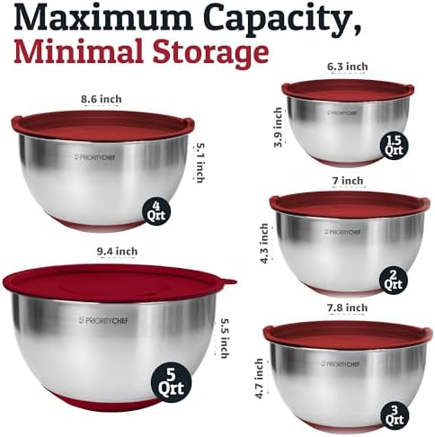 Priority Chef Stainless Steel Mixing Bowls with Lids Set, 3 Grater Attachments, Airtight Lids, Non-Slip Silicone Base Mixing Bowl Set, Large Prep Metal Mixing Bowls for Kitchen, Red