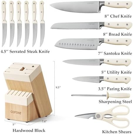 CAROTE 14-Piece Knife Set with Wood Block, Rust-Resistant, Cream