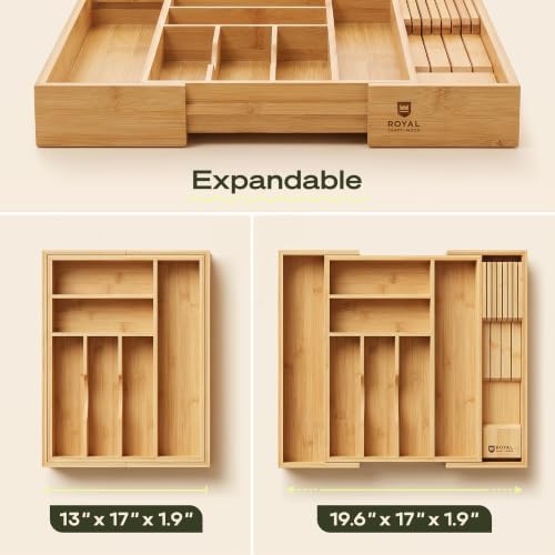 Drawer Organizer for Kitchen Organization – Expandable Bamboo Silverware Drawer Organizer with Removable Knife Block, Bamboo Cutlery, Non-Slip Utensil Organizer with 7-Slot Knife Storage for Flatware