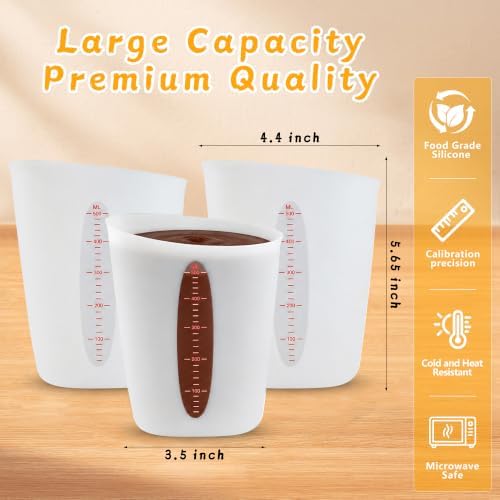 Food-Grade Silicone Cups for Melting Chocolate, 3Pcs BPA Free Silicone Measuring Cups with 2Cup Capacity, Reusable Baking Supplies for DIY Chocolate Molds