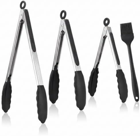 Kitchen Tongs for Cooking, 3 Tongs 7", 9", 12" + Oil Brush, Heat Resistant 600°F, Non-Slip Silicone Tips, Heavy Duty Metal Locking Tongs, Black, Salad, BBQ Grill, Pasta Silicone Tongs, Dishwasher Safe