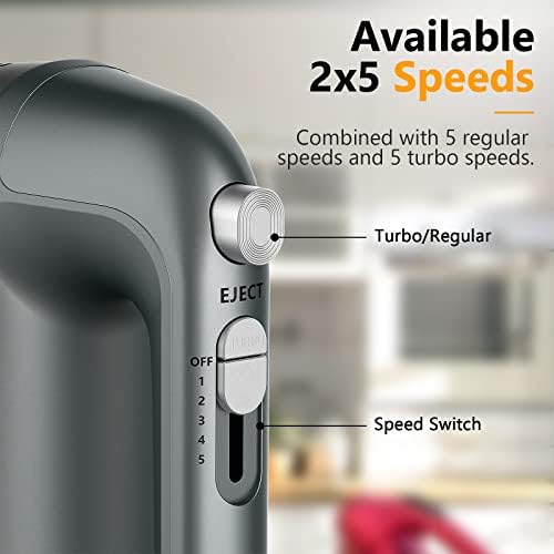 Hand Mixer Electric, 450W Kitchen Mixers with Scale Cup Storage Case, Turbo Boost/Self-Control Speed + 5 Speed + Eject Button + 5 Stainless Steel Accessories, For Easy Whipping Dough, Cream, Gray