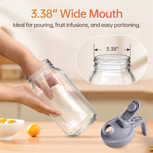 64oz Glass Pitcher with Lid & Spout – 2 Quart Mason Jars, Airtight & Leakproof Breastmilk Pitcher for Cold Brew Coffee, Sun Tea, Water, Juice – Wide Mouth, Fridge Safe