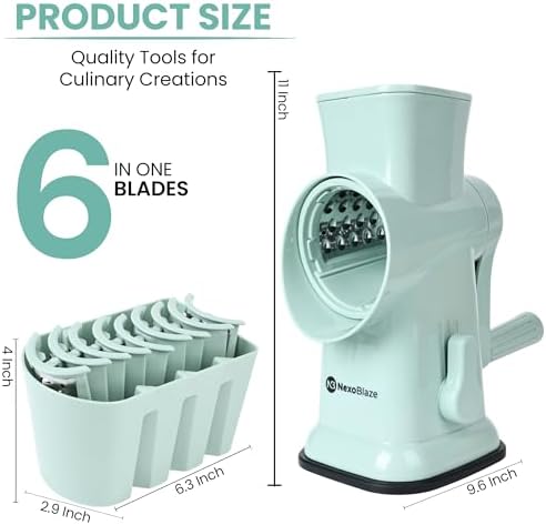 Rotary Cheese Grater with Hand Crank – 6-in-1 Cheese Shredder, 6 Stainless Steel Blades, Reinforced Suction Base, Grater for Cheese, Vegetables, Nuts