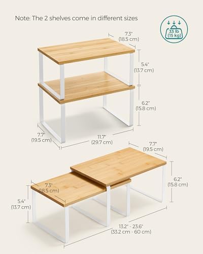 SONGMICS Cabinet Organizer Shelf, Set of 2 Kitchen Counter Shelves, Kitchen Storage, Spice Rack, Stackable, Expandable, Metal and Engineered Wood, Cloud White and Natural Beige UKCS02NW (Pack of 2)