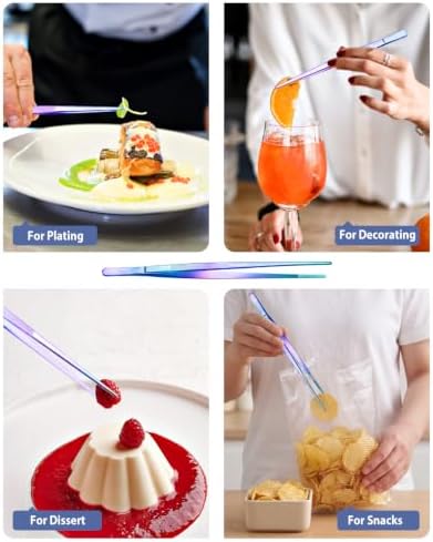 4 Pcs Fine Long Tweezer Tongs Professional Rainbow, 12'' and 10'' Stainless Steel for Kitchen, Food, Cooking, Repairing, Sea food and BBQ