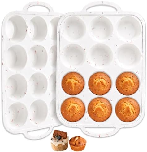 Redfly Silicone Muffin Pans for Baking 12 Cup with Metal Reinforced Frame, Nonstick 2Pack Regular Size Cupcake Pan, BPA Free Food Grade, Easy Release, Dishwasher Oven Freezer Safe for Egg Bite Molds