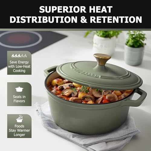 MUELLER HOME 7.5 Quart Enameled Cast Iron Dutch Oven For Sourdough Bread Baking, Heavy-Duty, Oven-Safe up to 500° F & Across All Cooktops, Casserole Dishes, Green Kitchen Accessories, Thyme Green