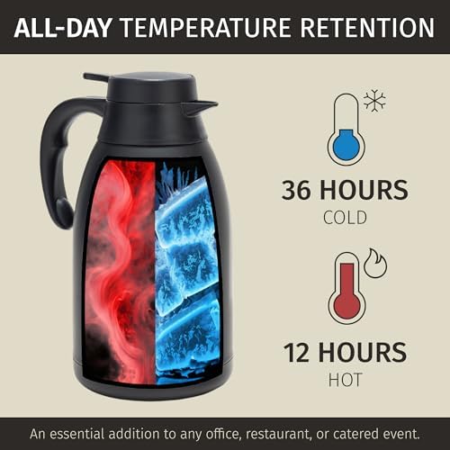 Cresimo 68 Oz Stainless Steel Black Thermal Coffee Carafe/Double Walled Vacuum Flask / 12 Hour Heat Retention / 2 Liter Tea, Water, and Coffee Dispenser
