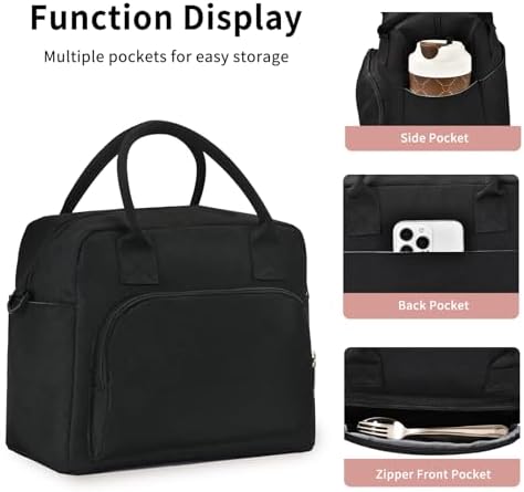 Lunch Bag Women Lunch Box for Women Adult Cute Insulated Lunch Bag Lager Cooler Lunch Tote Bags for Work Picnic (Black)