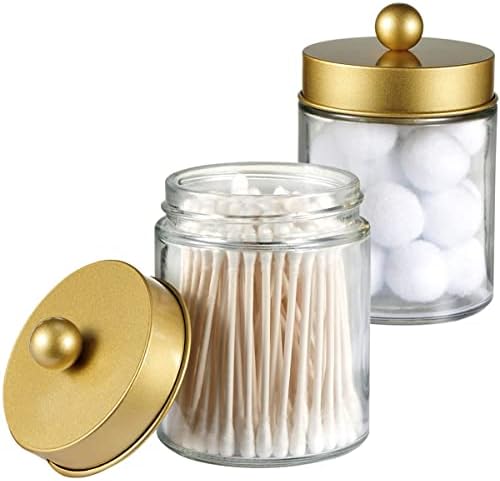 Amolliar Glass Apothecary Jar Qtip Holder Metal Lids 4pc/Gold