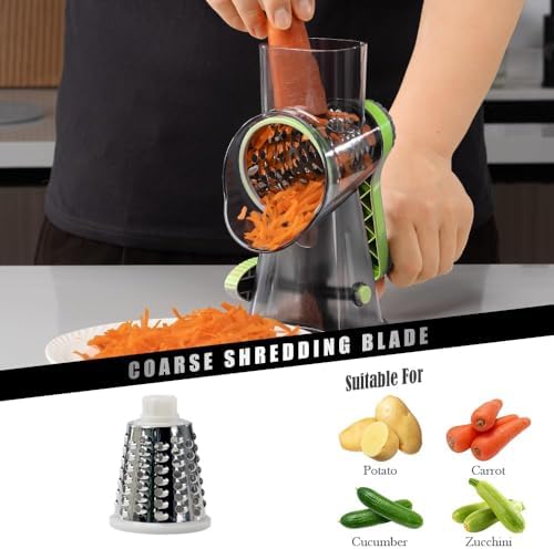 Badelite Cheese Grater Hand Crank Rotating Cheese Shredder Stainless Steel Vegetable Slicer Grater for Kitchen 3 Blades for Cheese, Carrot, Cucumber, Nuts, Chocolate, Green