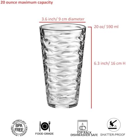14-ounce and 20-ounce Plastic Tumblers, Acrylic Drinking Glasses, set of 8 Clear Reusable Plastic Cups, Stackable, BPA-Free, Shatter-Proof, Dishwasher-Safe