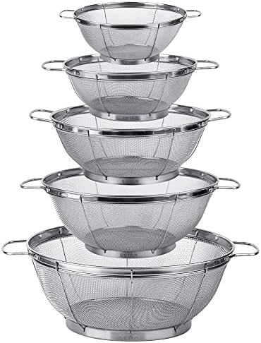 5 Pack 18/8 Stainless Steel Colander Sieves, Multi Size Mesh Strainer Net Baskets with Handles & Resting Base for Strain, Drain, Rinse or Steam