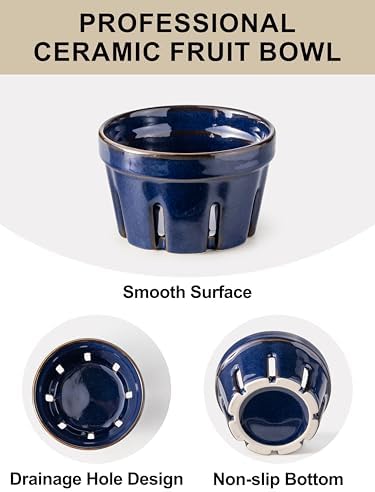 Gomakren Ceramic Berry Bowls with Holes Set of 2 for Fridge, Cobalt Blue