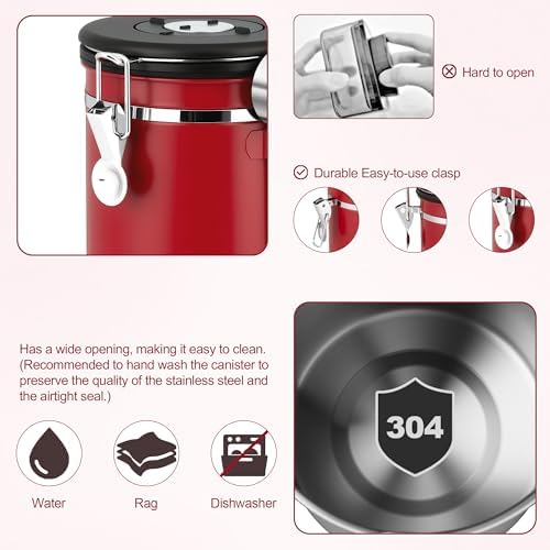 ShanSon Coffee Canister Airtight, Stainless Steel Bean Storage Container with Date Tracker & Scoop, Grounds Sugar Flour Tea Cereal Fits Kitchen Pantry, Ideal Gift for Coffee Lovers,12oz,Red