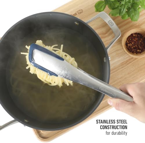 Calphalon Prime 12-Inch Kitchen Tongs, Stainless Steel Grilling Tongs with Navy Silicone Heads, Heat-Resistant Locking Kitchen Tongs with Ergonomic Weighted Handle