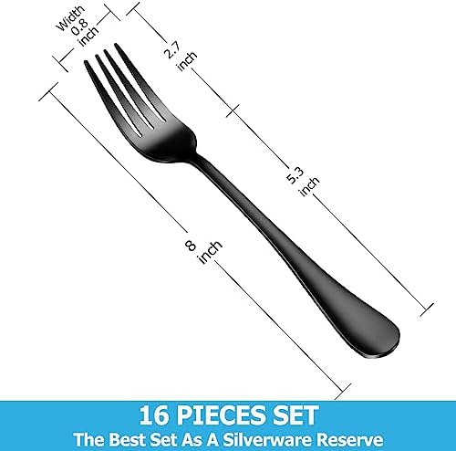 16 Piece Black Dinner Forks Set, Food-Grade Stainless Steel Silverware Forks, Cutlery Fork, Metal Fork for Home, Kitchen or Restaurant, Mirror Polished, Dishwasher Safe - 8 Inch