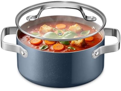 Bakken 3 Quart Ceramic Coated Stock Pot with Lid, Easy to Clean Nonstick Pot, Tempered Glass Lid, Riveted Stainless Steel Handles, Oven Safe Up To 500°F, PTFE & PFAS Free, All Stove Compatible, Blue