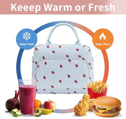 GASSDA Lunch Box for Women Insulated Lunch Bag Women Adult Cute Lunch Bags Reusable Lunchbox Cooler Tote Bag for Work Picnic (Blue-Strawberry)