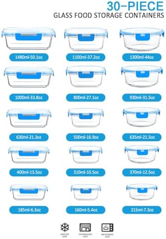 M MCIRCO 30 Piece Extra Large Glass Food Storage Containers with Lids, Blue