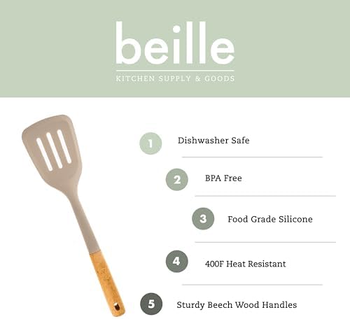 Beille 1pc Beech Wood and Silicone Slotted Spatula Solid Kitchen Utensils Cooking Baking Supplies Home Essentials, Light Grey