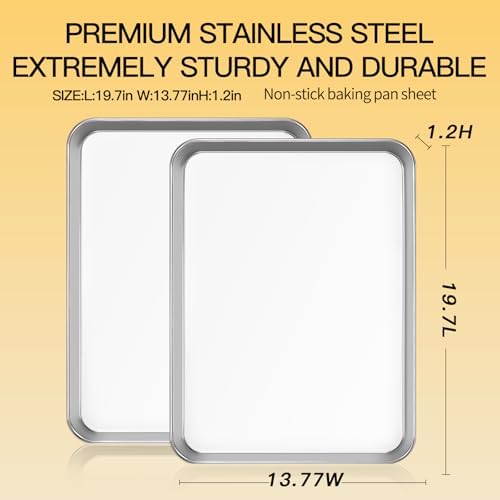 Commercial Quality Baking Sheet Pan Set, Natural Stainless Steel Cookie Sheet, Warp Resistant Nonstick Baker's Half Sheet Pan, Large Thick Cookie Tray Pans for Baking, Roasting(2 Pack, 20X14Inch)
