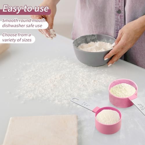Measuring Cups Set Measuring Spoons Set, Nesting Measure Cups with Stainless Steel Handle, For Measuring Dry and Liquid Ingredients Small Teaspoon with Plastic Head (Pink)