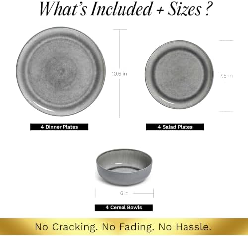 Sango Asher 12-Piece Stoneware Dinnerware Set for 4, Grey Ceramic Plates and Bowls Sets, Modern Dish Set with Reactive Glaze, Durable Kitchen Dishes for Casual Dining, Microwave & Dishwasher Safe