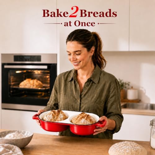 Double Dutch Oven for Sourdough Bread Baking,2.2QT Enameled Cast Iron Dutch Oven Pot with Lid,500°F Oven Safe Non Stick Bread Loaf Pan,Sourdough Baking Pan for Homemade Baking（red）