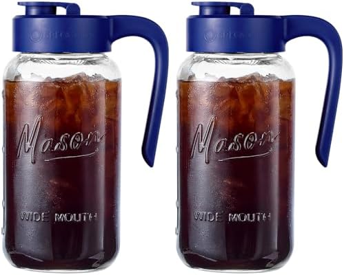 Mason Jar Pitcher, 2 pcs 64 oz (2 quart), Glass Pitcher with Lid