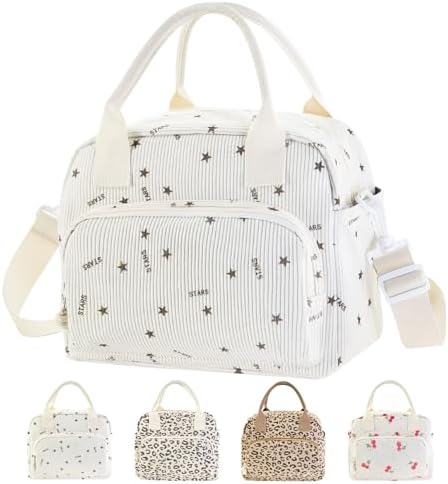 Mziart Lunch Box for Women Men, Large Cute Insulated Lunch Bag Leakproof Thermal Lunchbox Cooler Tote Bags with Adjustable Strap for Work Picnic Travel (Beige Stars)