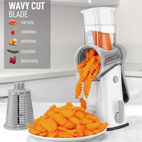 Rotary Cheese Grater Manual Hand Crank 5 Blade Shredder, White & Gray