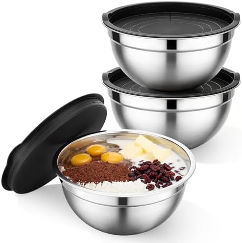 Beasea Mixing Bowls with Lids Set of 3, 2.5 QT Stainless Steel Nesting Mixing Bowls with Lids, Kitchen Metal Nesting Bowl with Lid for Baking, Food Prepping, Serving