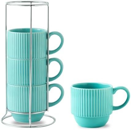 Hasense Coffee Mug 12 oz Set of 4 with Rack - Stackable Coffee Cups Ceramic, Modern Ribbed Latte Cup Sets for Cappuccino, Tea, Espresso, Hot Cocoa, Drinks - Dishwasher & Microwave Safe, Turquoise