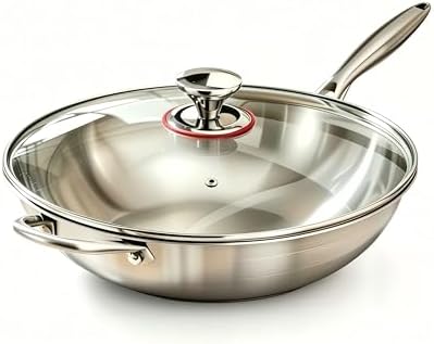 Stainless Steel 316 Wok with Glass Lid, Tri-Ply Stir Fry Pan with Handle, Induction Compatible (12.5 inch)