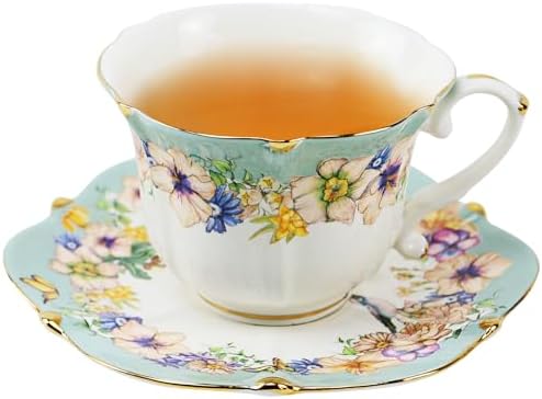 TATSUMI Country Roses Bone China Tea Cup and Saucer Set, 6 Pieces, Vintage Style, For Women and Tea Parties(Dutch Blue,2 Sets)