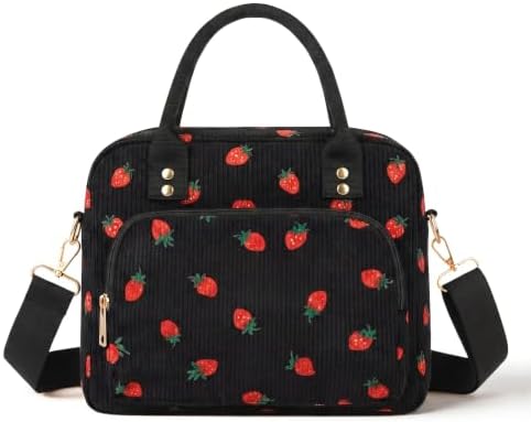 Lunch Bag Large Insulated Lunch Box for Women Adult Cute Pink Strawberry Lunchbox Corduroy Lunch Bags Boxes Pail with Shoulder Strap for Work (Black strawberry)
